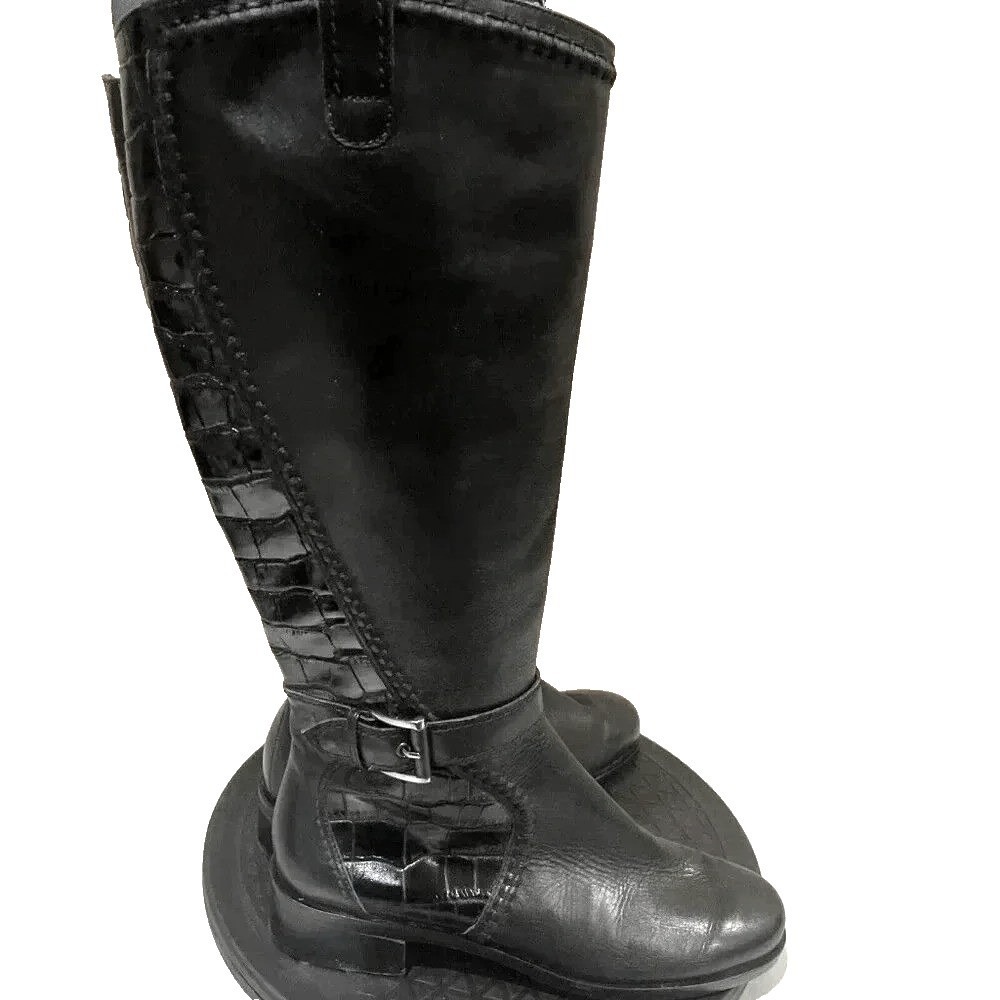 Van Eli Boots Women 7 Black Tall Riding Croc‎ Embossed Leather Buckle Equestrian